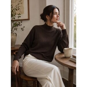 HM Edition Womens M 100% Wool Mock Neck Sweater Chocolate Minimalist Fine Knit